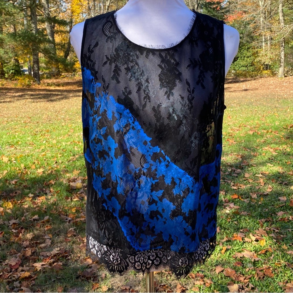 ELIE TAHARI TANK TOP BLACK BLUE SHEER FLORAL LACE STRETCH SILK SIZE S